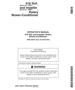 John Deere 916 Roll (152001-), Impeller (152501- ) Rotary Mower Conditioners Operator's Manual (OME126902)