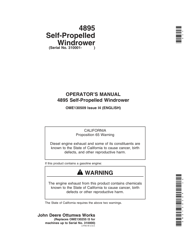 John Deere 4895 Self Propelled Windrower (310001-) Operator's Manual (OME130509)