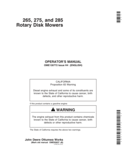 John Deere 265, 275, 285 Rotary Disk Mowers Operator's Manual (OME130772)