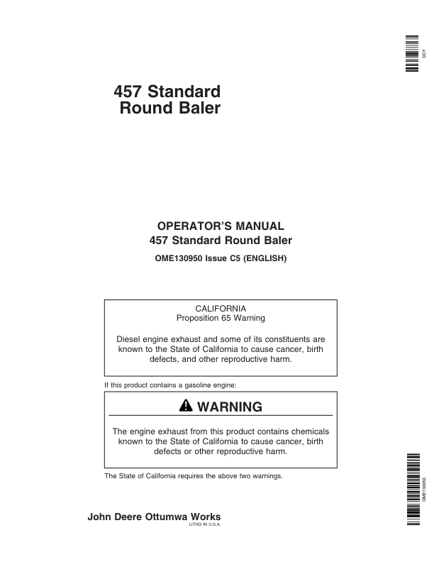 John Deere 457 Standard Round Baler Operator's Manual (OME130950)