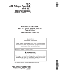John Deere 467, 467S, 567 Round Balers (320001-) Operator's Manual (OME131360)
