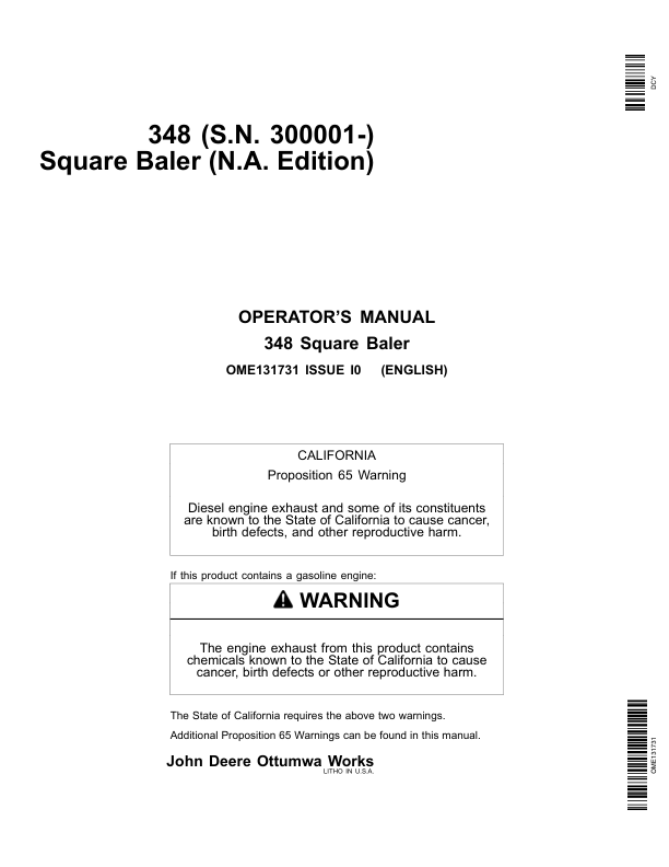 John Deere 348 Square Baler (MY2019) Operator's Manual (OME131731)