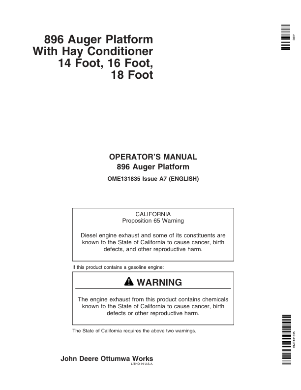 John Deere 896 Auger Platform North America (000001-359999) Operator's Manual (OME131835)