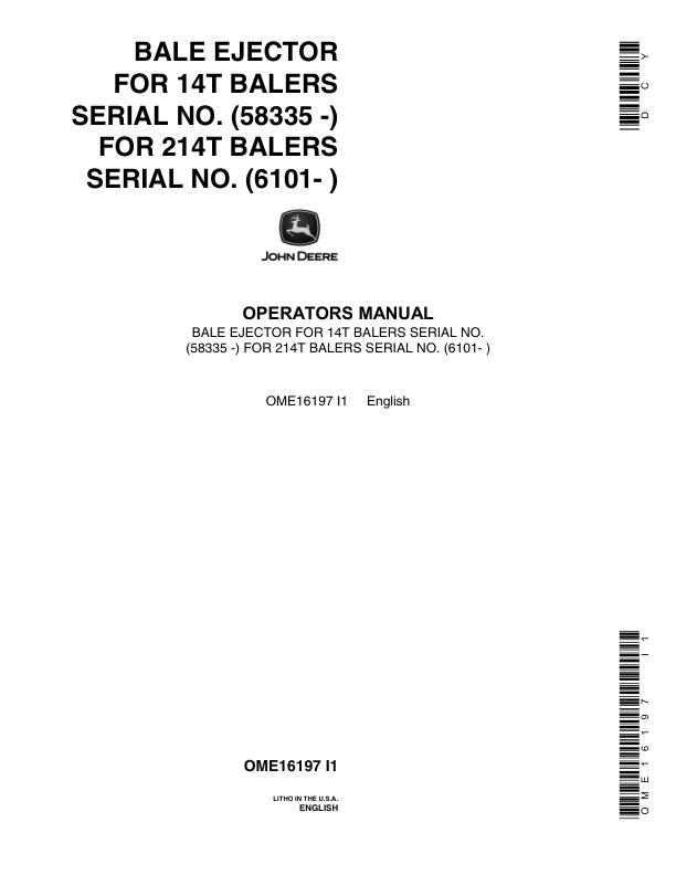 John Deere Automatic Bale Ejector (for 14T & 214T Balers) Operator's Manual (OME16197)