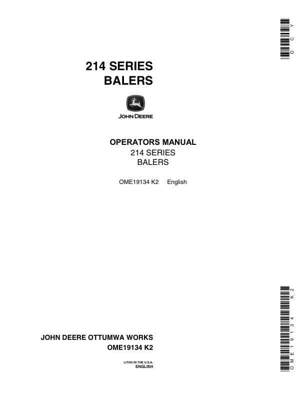 John Deere 214 Series Balers - 214T, 214WS Operator's Manual (OME19134)