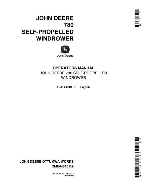 John Deere 780 Self-Propelled Windrower Operator's Manual (OME44310)