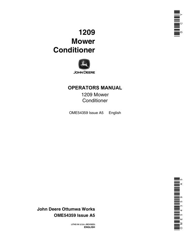 John Deere 1209 Mower Conditioner (-285000) Operator's Manual (OME54359)