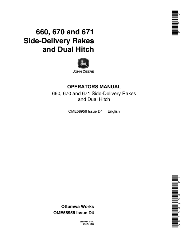 John Deere 660, 670, 671 Rakes, Dual Hitches Operator's Manual (OME58956)