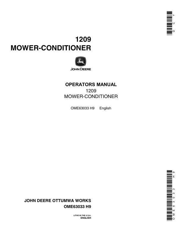 John Deere 1209 Mower Conditioner (425001-) Operator's Manual (OME63033)