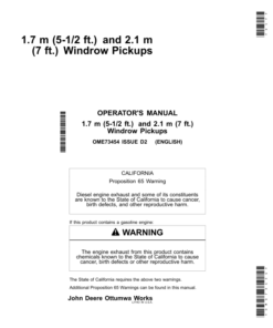 John Deere Windrow Pickups 5.5-Ft. (1.7M), 7-Ft. (2.1M) Operator's Manual (OME73454)