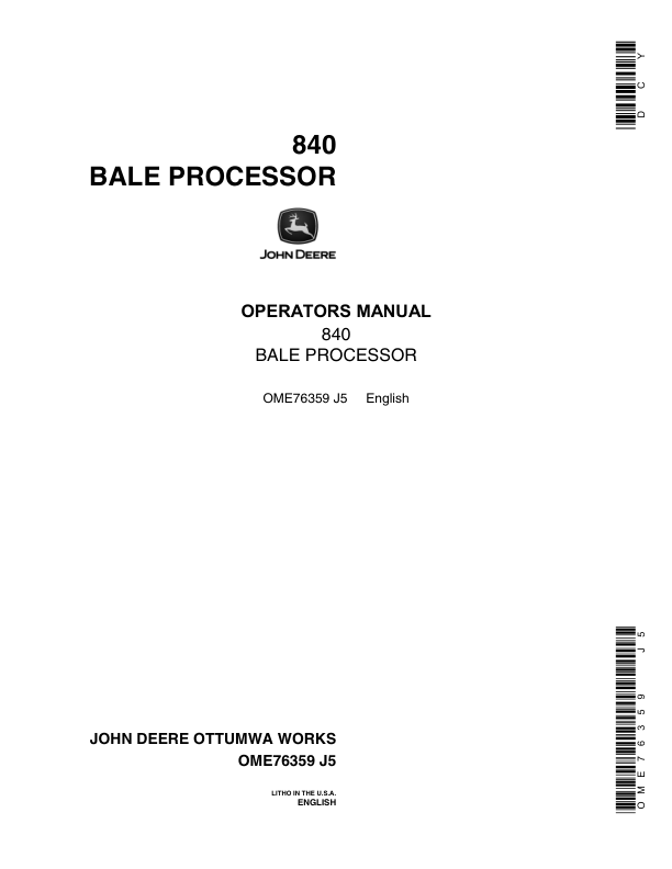 John Deere 840 Bale Processor Operator's Manual (OME76359)