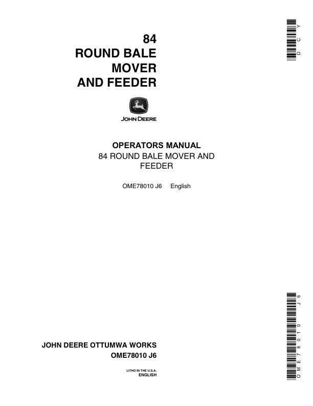 John Deere 84 Round Bale Mover Operator's Manual (OME78010)