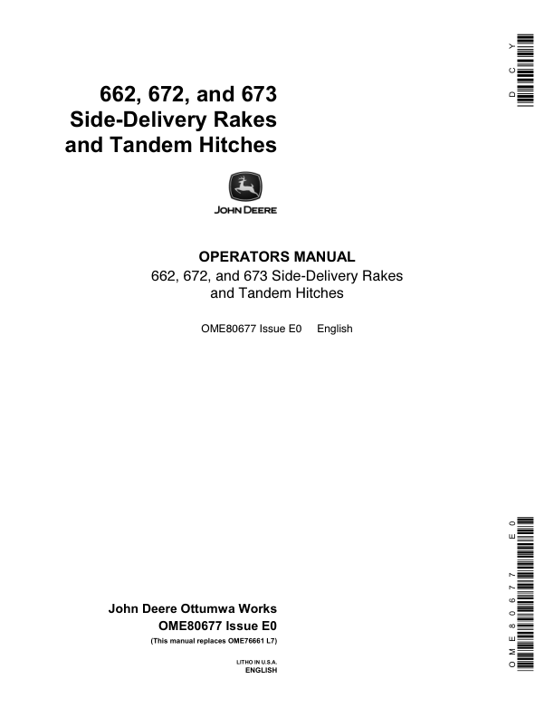 John Deere 662, 672, 673 Side-Delivery Rakes, Tandem Hitches Operator's Manual (OME80677)