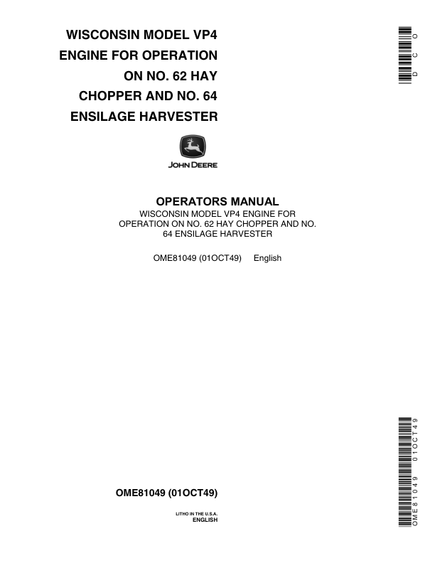 John Deere VP4 Wisconsin Engine for Operation on No. 62 Hay Chopper, 64 Ensilage Harvester Operator's Manual (OME81049)