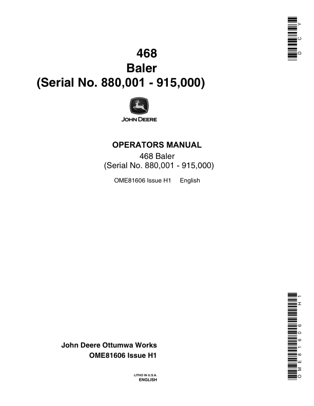 John Deere 468 Baler Operator's Manual (OME81606)