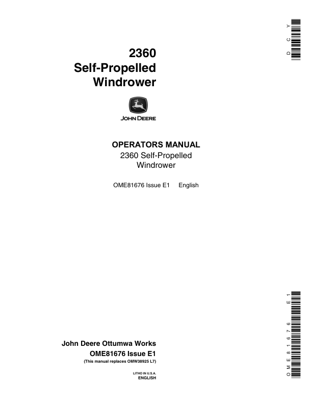 John Deere 2360 Self-Propelled Windrower Operator's Manual (OME81676)