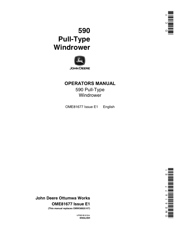 John Deere 590 Pull-Type Windrower Operator's Manual (OME81677)