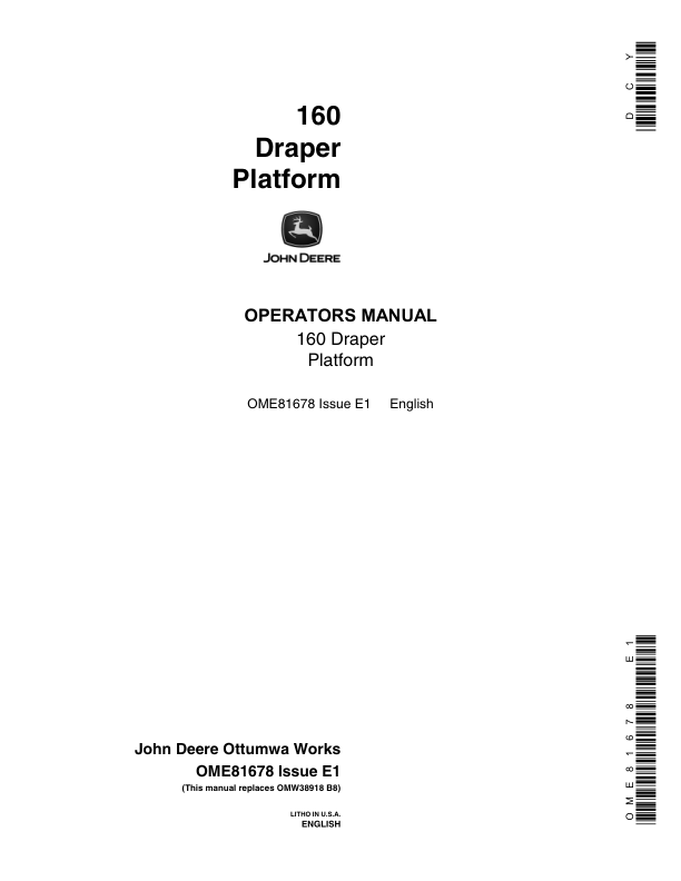 John Deere 160 Draper Platform Operator's Manual (OME81678)