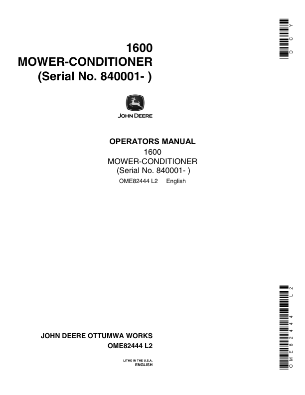 John Deere 1600 Mower Conditioner (840001-) Operator's Manual (OME82444)
