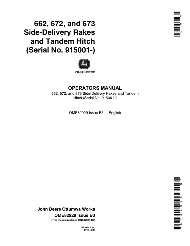 John Deere 662, 672, 673 Side Delivery Rakes, Tandem Hitches (915001-) Operator's Manual (OME82929)
