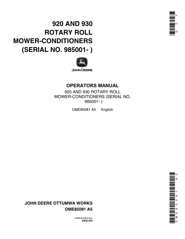 John Deere 920, 930 Conditioner Mower Operator's Manual (OME85081)
