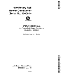 John Deere 910 Rotary Roll Mower Conditioner (100001-) Operator's Manual (OME85386)