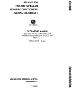 John Deere 920, 930 Rotary Impeller Mower Conditioner Operator's Manual (OME86462)