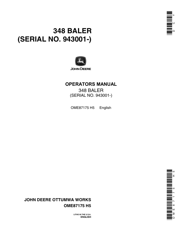 John Deere 348 Square Balers Operator's Manual (OME87175)