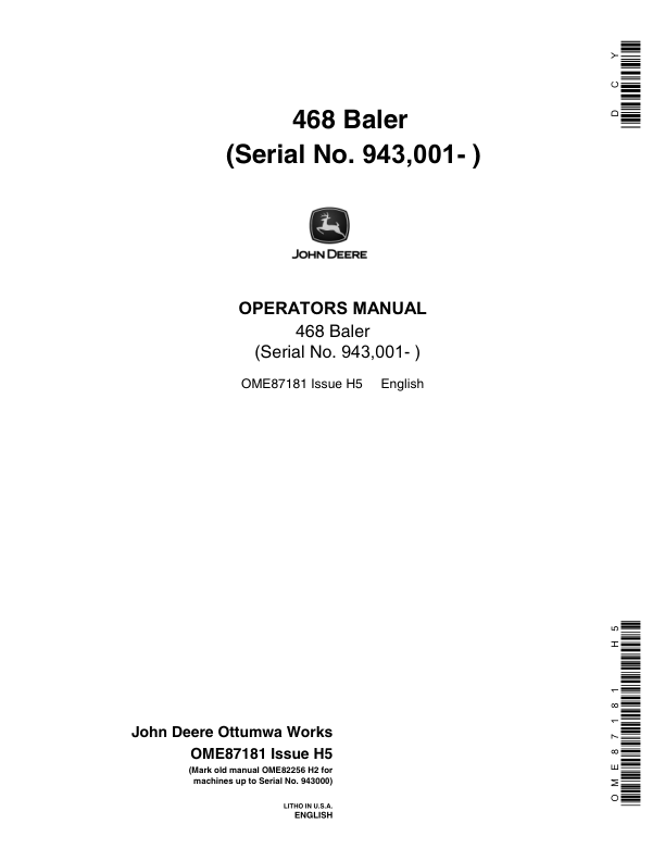 John Deere 468 Baler Operator's Manual (OME87181)