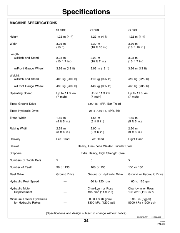 John Deere 64, 74, 75 Side-Delivery Rakes, Tandem Hitch (985001-) Operator's Manual (OME87592) - Image 2