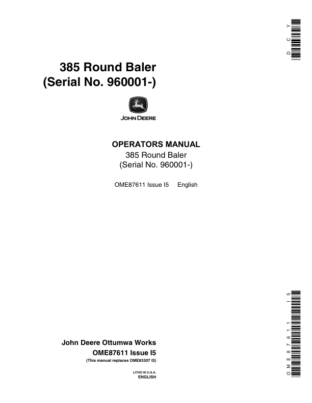 John Deere 385 Round Baler (960001-) Operator's Manual (OME87611)