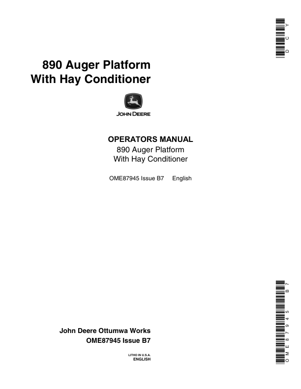 John Deere 890 Auger Platform with Hay Conditioner Operator's Manual (OME87945)