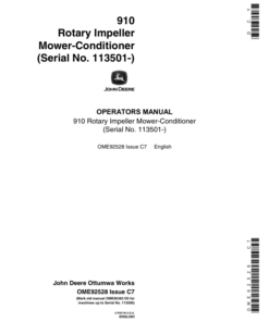 John Deere 910 Rotary Impeller Mower Conditioner (113501-) Operator's Manual (OME92528)