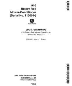 John Deere 910 Rotary Roll Mower Conditioner (113001-) Operator's Manual (OME92531)