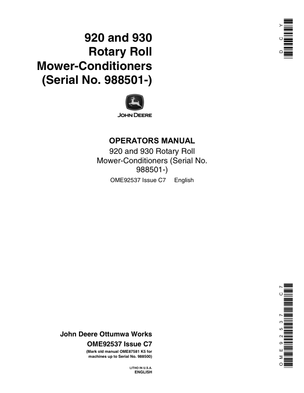 John Deere 920, 930 Rotary Roll Mower Conditioner Operator's Manual (OME92537)