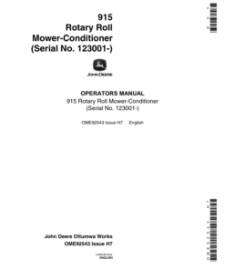 John Deere 915 Rotary Roll Mower Conditioner North America (123001-132050) Operator's Manual (OME92543)