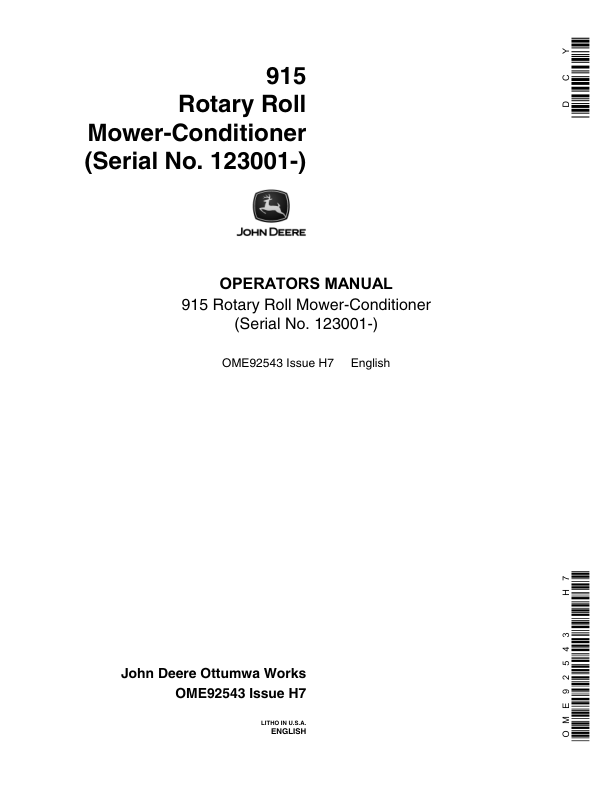 John Deere 915 Rotary Roll Mower Conditioner North America (123001-132050) Operator's Manual (OME92543)