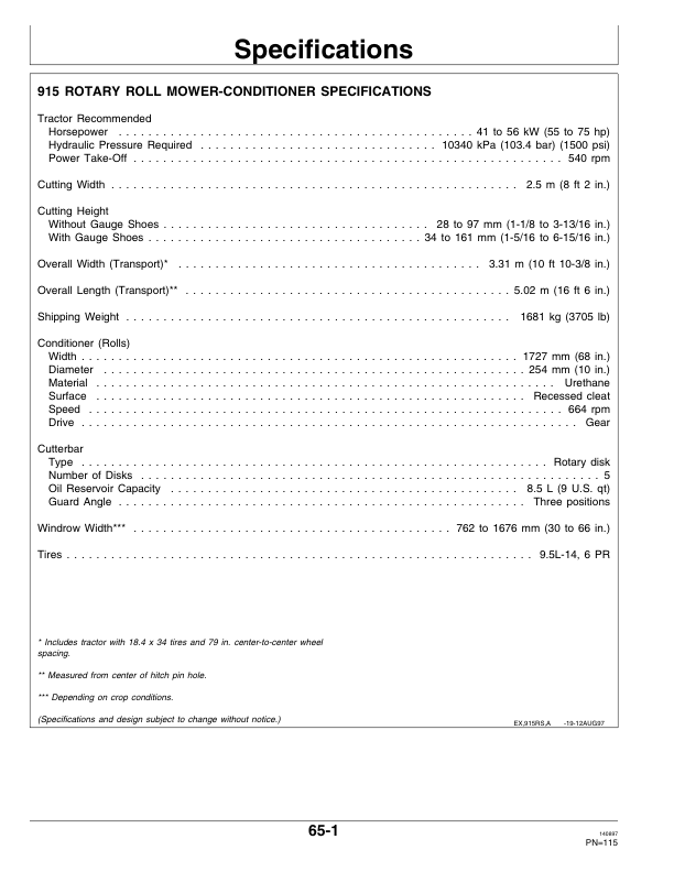 John Deere 915 Rotary Roll Mower Conditioner North America (123001-132050) Operator's Manual (OME92543) - Image 2