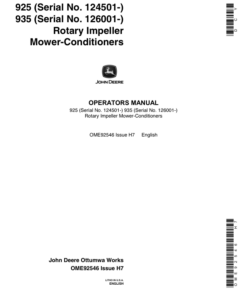 John Deere 925 (124501-), 935 (126001-) Rotary Impeller Mower Conditioners Operator's Manual (OME92546)