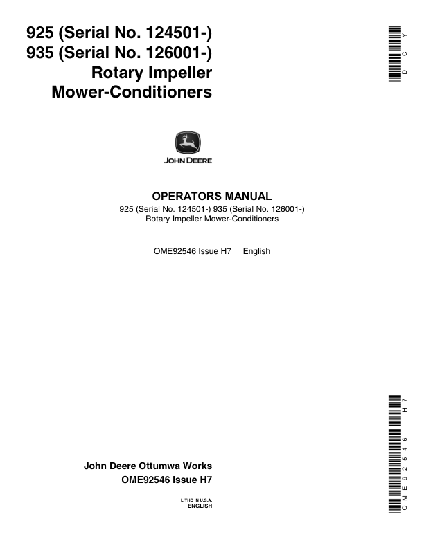 John Deere 925 (124501-), 935 (126001-) Rotary Impeller Mower Conditioners Operator's Manual (OME92546)