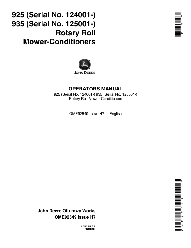 John Deere 925, 935 Mower Conditioners Operator's Manual (OME92549)