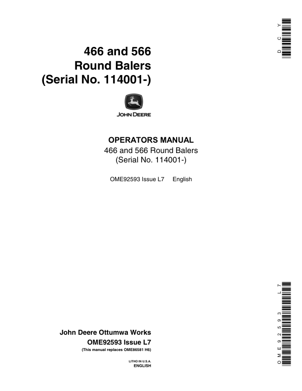 John Deere 466, 566 Round Balers ( 114001-) Operator's Manual (OME92593)