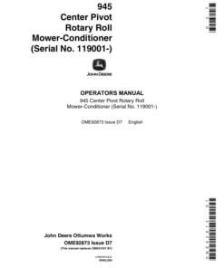 John Deere 945 Center Pivot Rotary Roll Mower-Conditioner (119001-) Operator's Manual (OME92873)