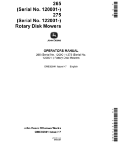 John Deere 265, 275 Rotary Disk Mowers Operator's Manual (OME92941)