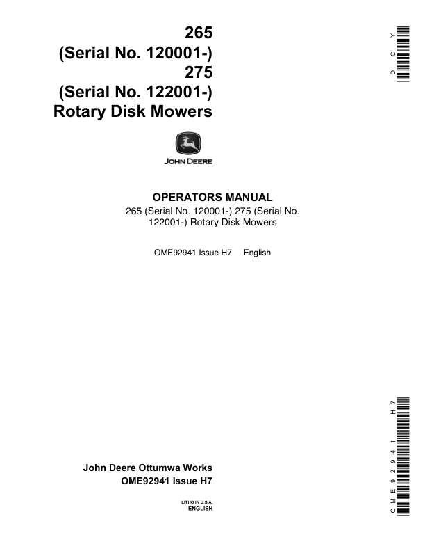 John Deere 265, 275 Rotary Disk Mowers Operator's Manual (OME92941)
