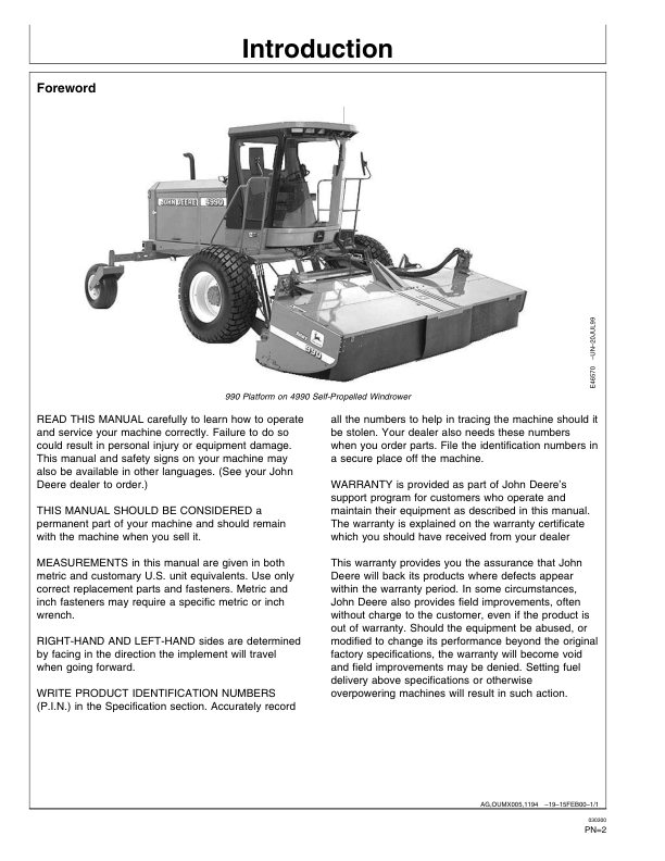 John Deere 990 Rotary Platform Operator's Manual (OME93362) - Image 2
