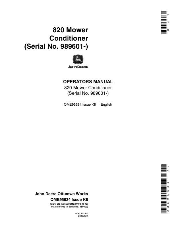 John Deere 820 Mower Conditioner (989601-) Operator's Manual (OME95634)