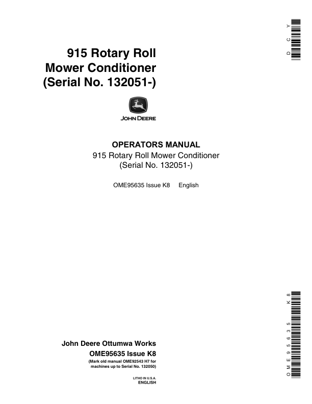John Deere 915 Rotary Roll Mower Conditioner North America (132051- ) Operator's Manual (OME95635)