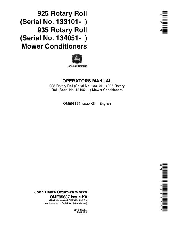 John Deere 925, 935 Rotary Roll Mower Conditioners Operator's Manual (OME95637)