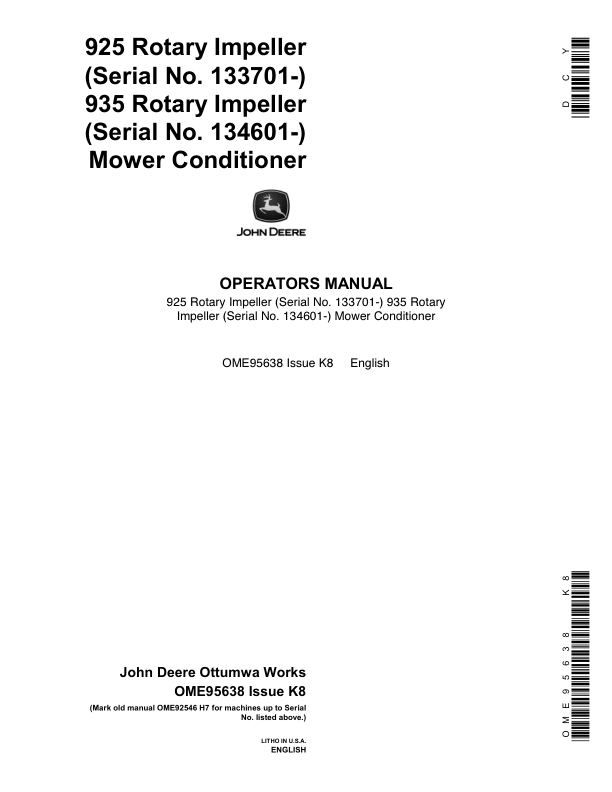 John Deere 925 (133701-), 935 (134601-) Rotary Impeller Mower Conditioners Operator's Manual (OME95638)